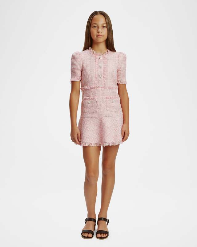 Girl's Ruby Fringe Trim Boucle Dress, Size 7-14